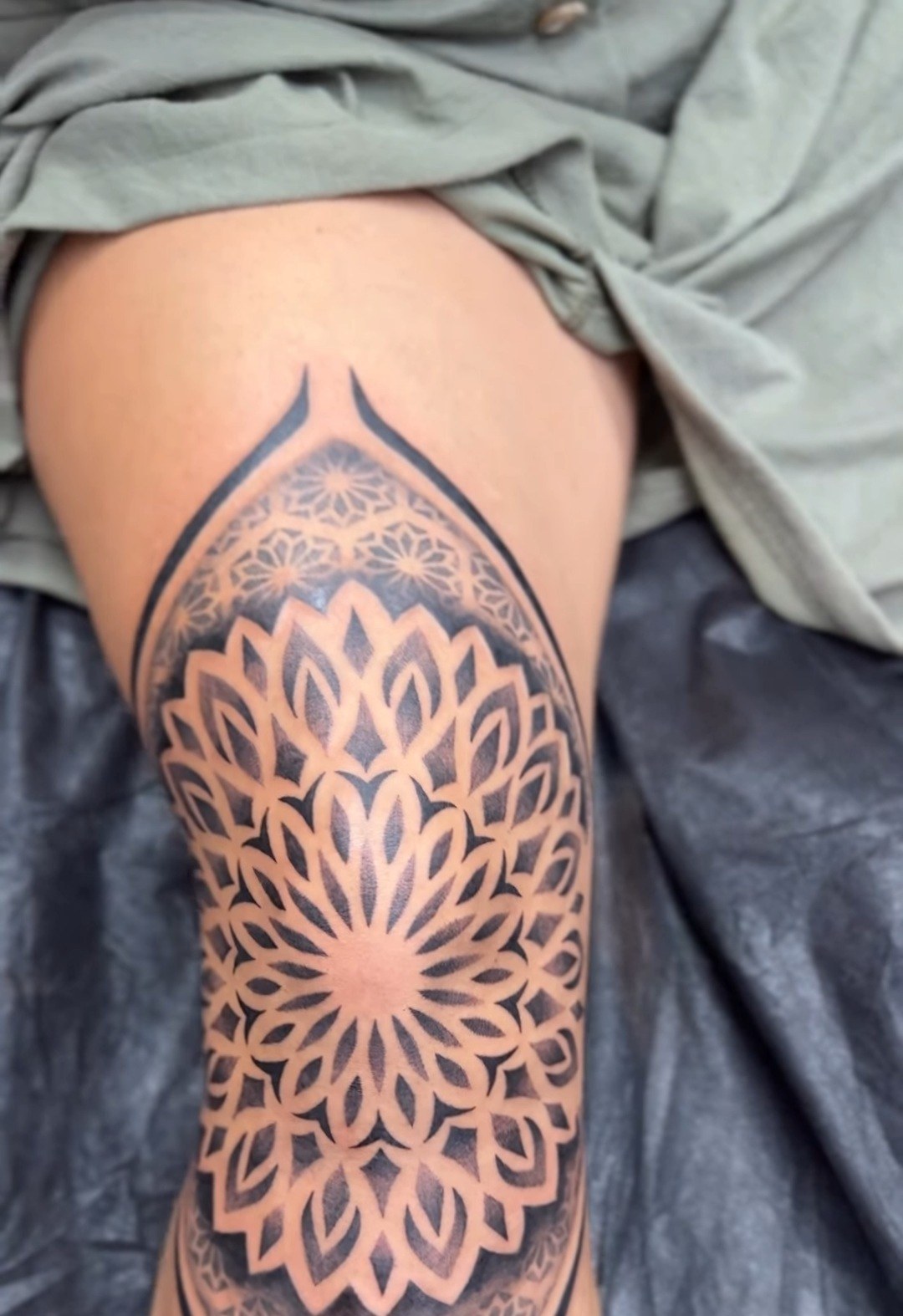Finished knee mandala · Klaire — Kratos Tattoo